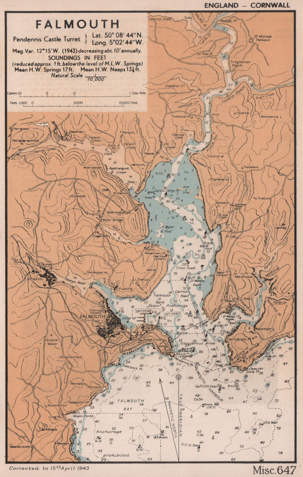 Falmouth, Penryn & St Mawes sea coast chart. Cornwall. ADMIRALTY 1943 old map